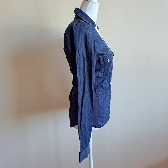 Guess Women's Blue Demin V Neck Button down Shirt Top Size S - Picture 6 of 15